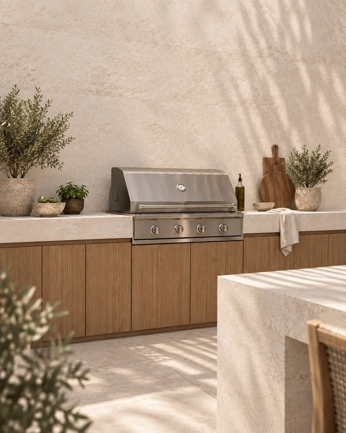 Outdoor kitchen in natural stone and timber