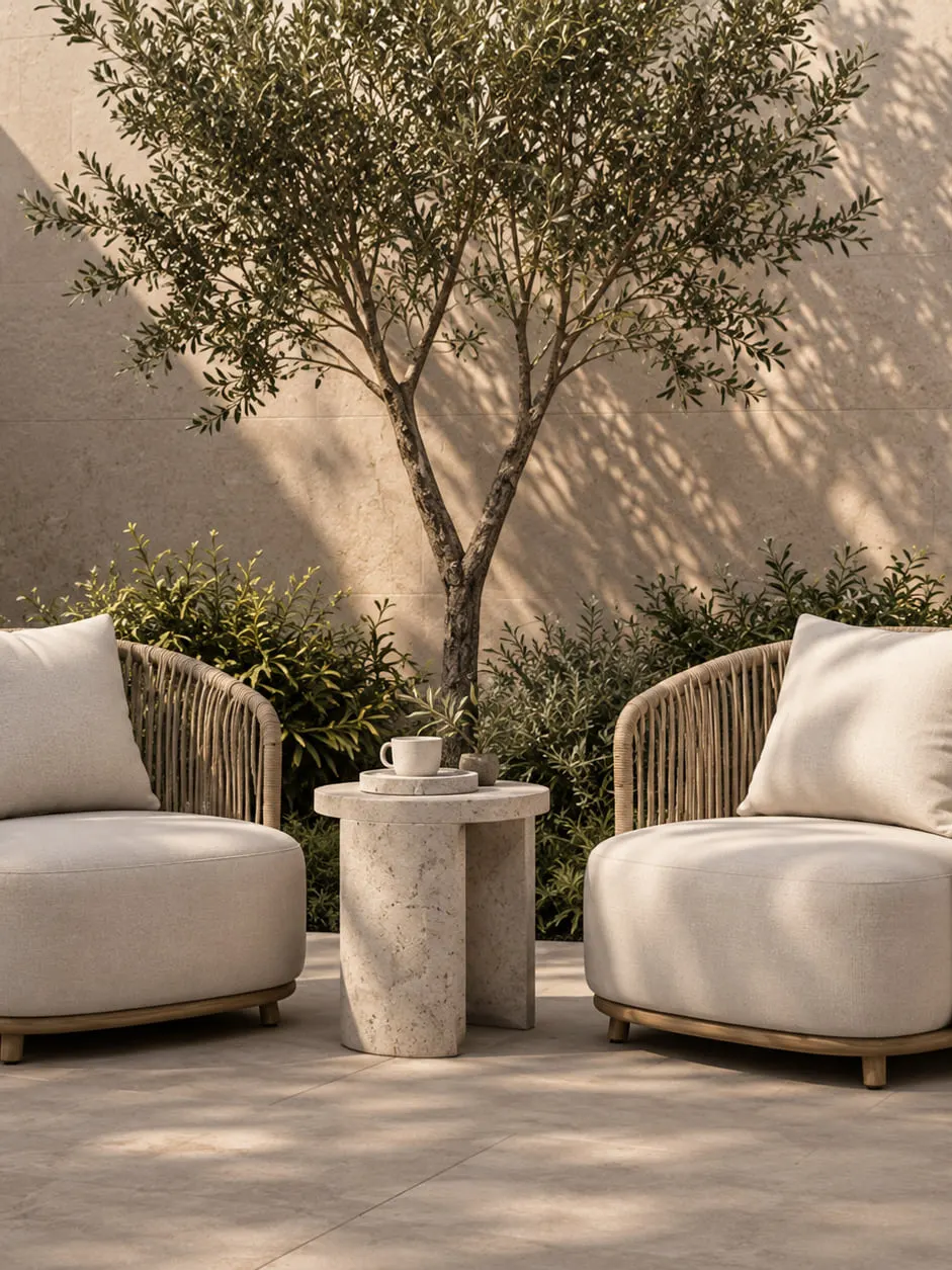 Shaded courtyard with an olive tree