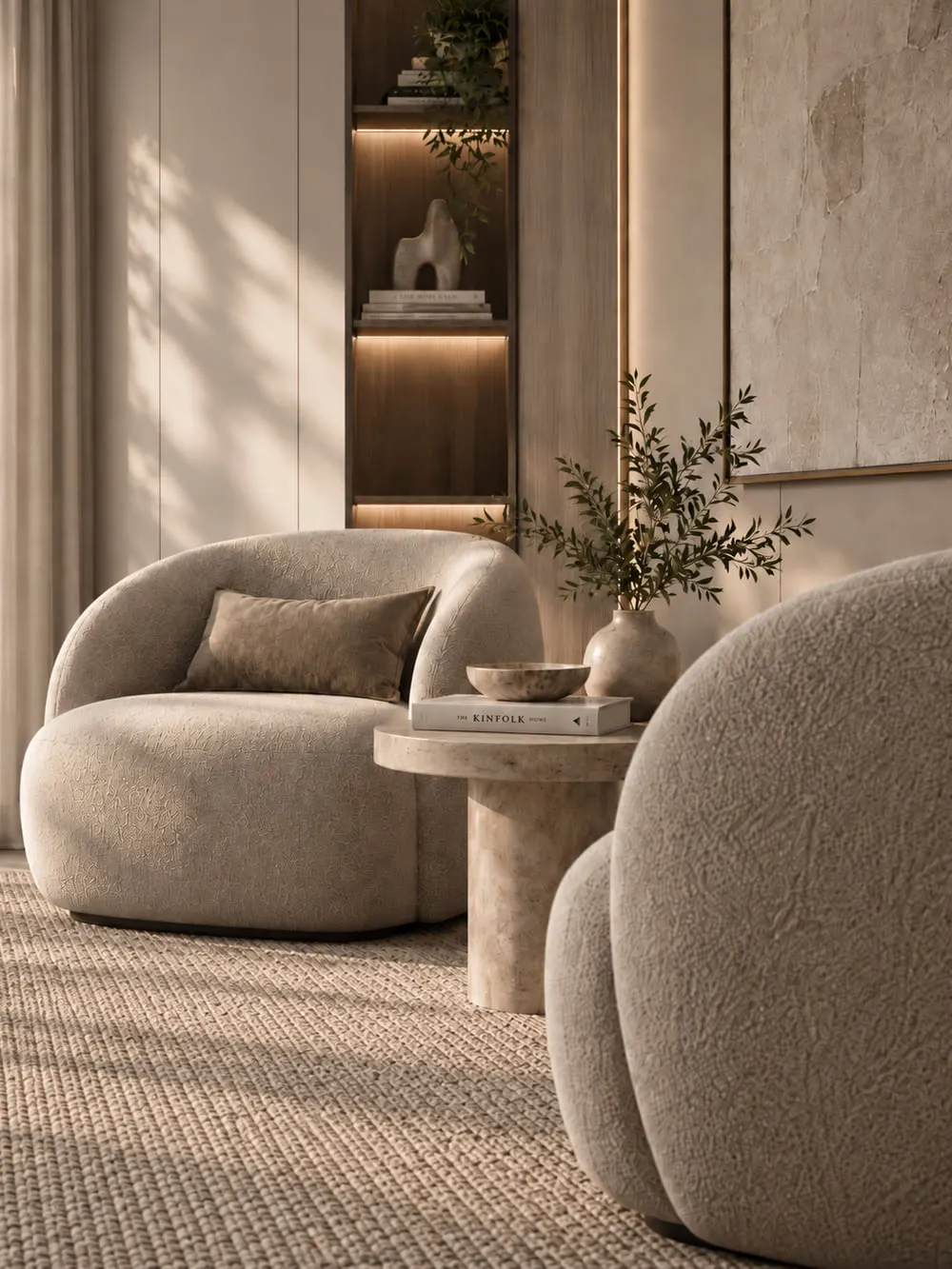 Lounge interior in natural textiles