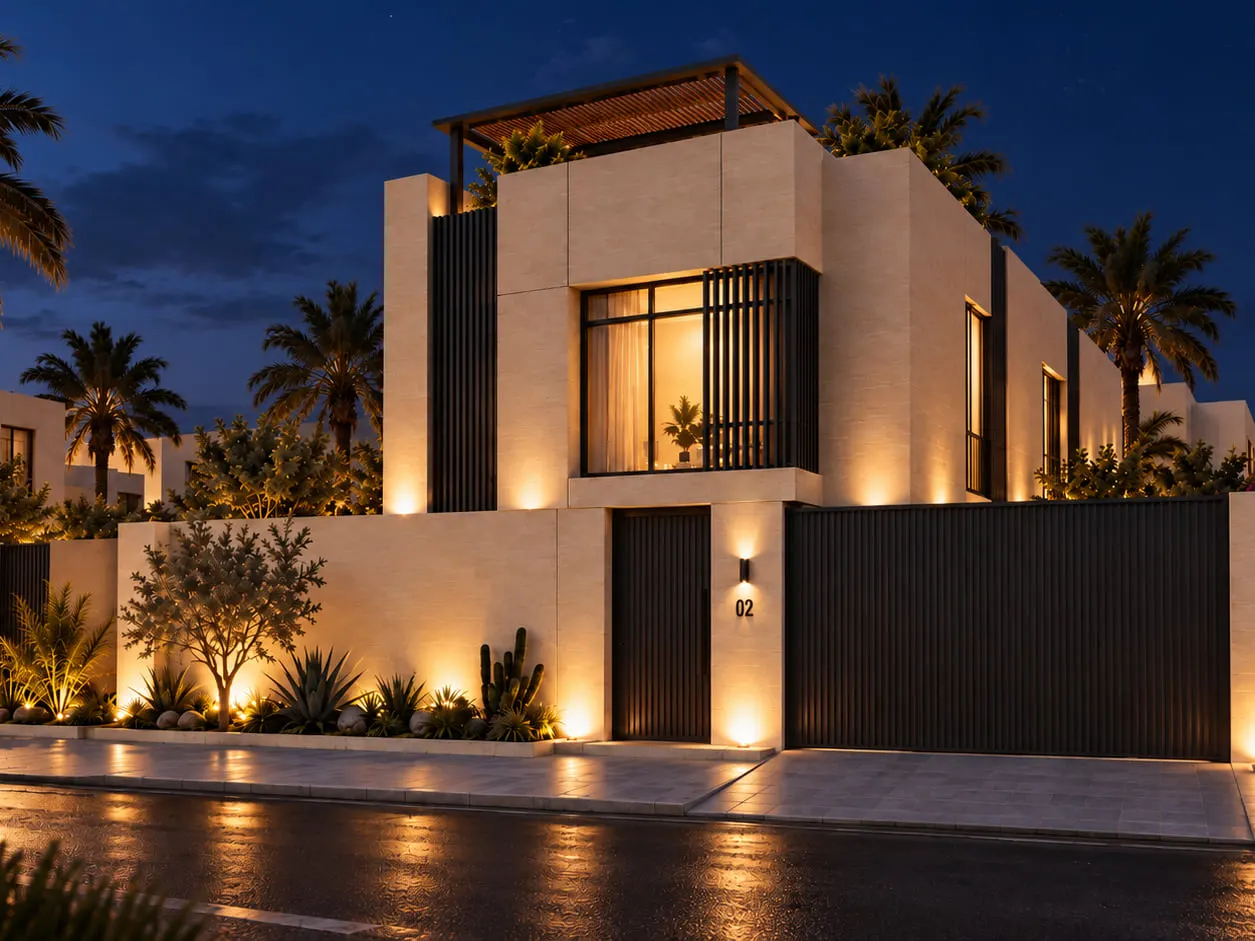 MIAS Residence — street elevation at night